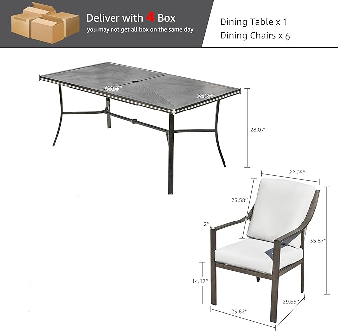 NATURAL EXPRESSIONS 7 Piece Patio Dining Table Outdoor Furniture Set for 6, 6Pcs Fixed Dining Chairs with Olefin Cushions, 65”Large Dining Table with Umbrella Hole NaturalExpressions