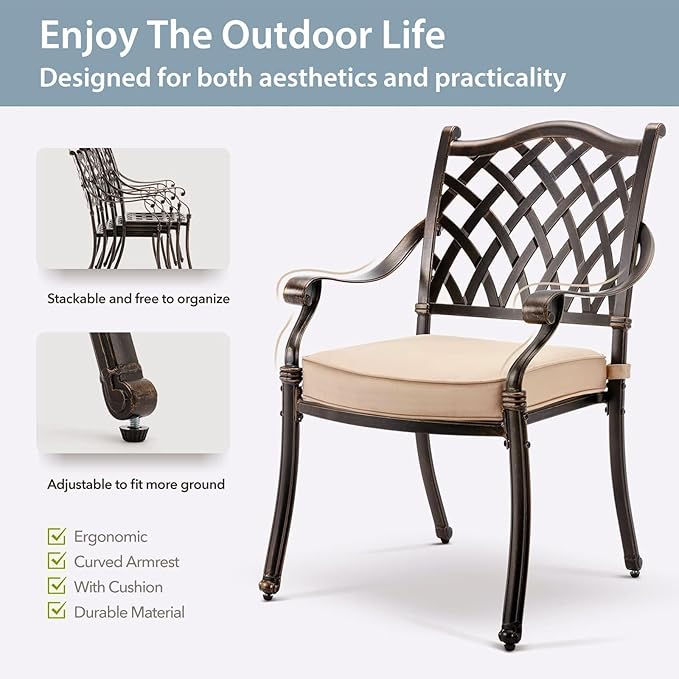 7-Piece Cast Aluminum Patio Furniture, Patio Dining Set for 6 Include 59" Rectangular Outdoor Dining Table and 6 Stackable Chairs with Cushions & Umbrella Hole (Bronze) Rootora