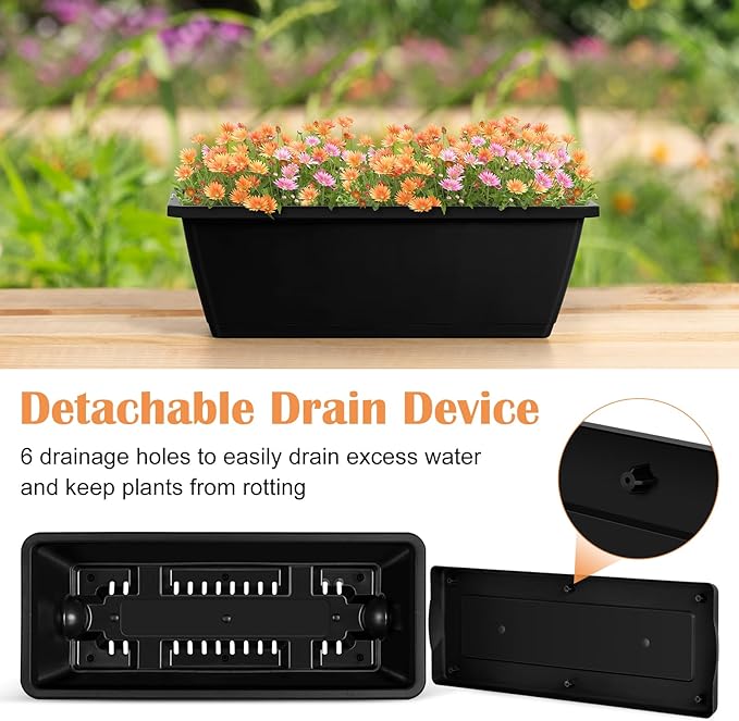 ETELI Railing Planter Hanging and Planter Box Brackets Set 6 Pack Adjustable Deck Window Boxes Planters with Drainage Holes for Garden Railing Fence, Black ETELI