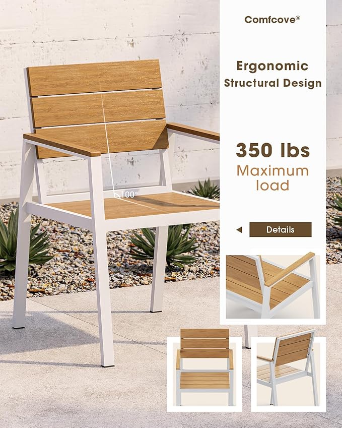 Outdoor Patio Dining Set, Aluminum & HDPS 5 Piece Outdoor Table and Chairs Set with Umbrella Hole, Modren Rectangular Patio Furniture Set with All-Weather Table and 4 Chairs (White & Teak) ComfCove