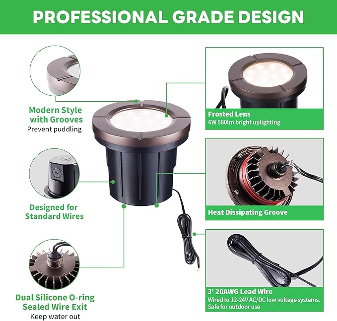Ground Well Lights, Landscape LED Low Voltage Inground Lights, Outdoor Waterproof IP67, 12V Wired Aluminum ORB for Backyard Wall 6W 580LM 8 Pack Varmtalys