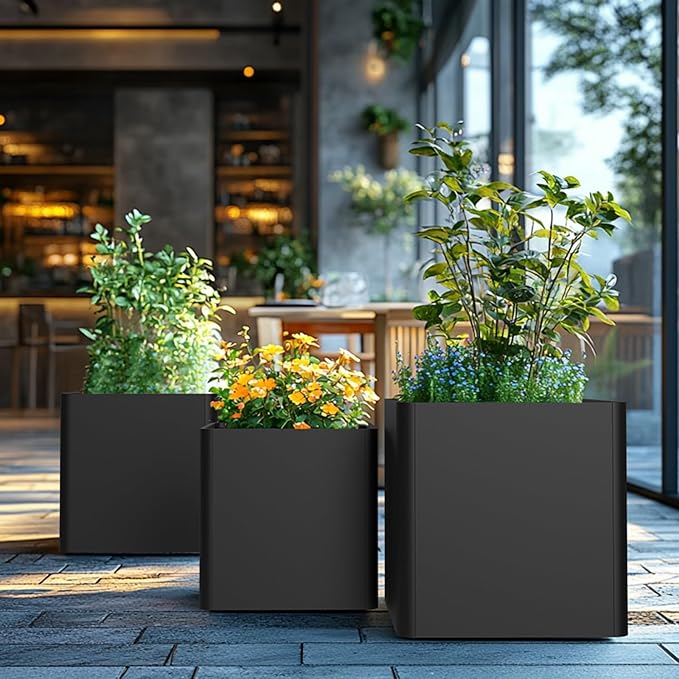 Large Metal Square Planter 20" L x 20" W x 20" H, Black Large Outdoor Planters with Drainage Hole for Porch/Patio/Garden Gardenaire