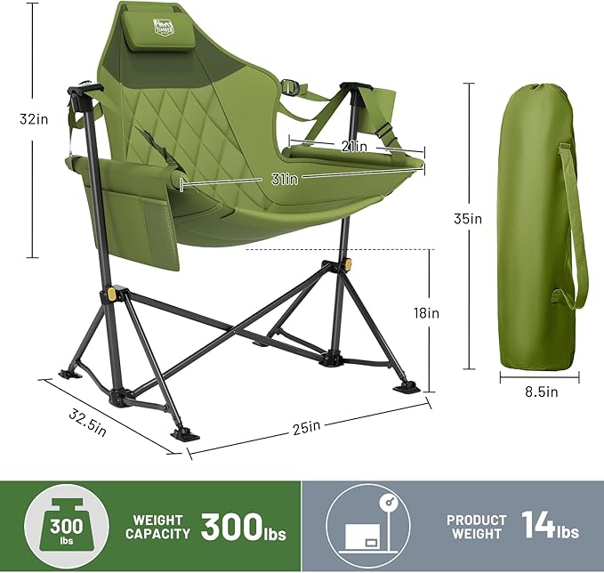 TIMBER RIDGE Hammock Camping Chair with Adjustable Backrest, Heavy Duty Folding Hammock Chair Supports 300lbs, Portable Hammock Chair for Camping, Travelling and Patio, Green TIMBERRIDGE