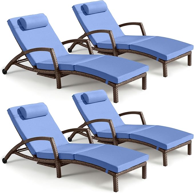 Chaise Lounge Chairs Outdoor Set of 4, Comfy Outside Wicker Patio Pool Lounge Chair w/ 5 Adjustable Back Angle, Cup Holder, Thicken Cushion ZZWHOM