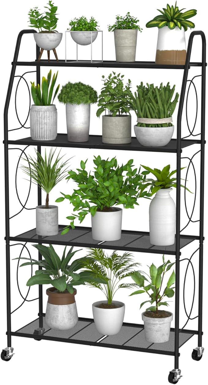 4 Tier Plant Stand with Wheels, Plant Shelf for Indoor Outdoor, Heavy Duty Metal Tall Plant Stands Holder Rack for Living Room Balcony and Garden, Black VyGrow