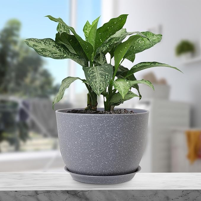 Plant Pots 12 inch, Plastic Planters with Drainage Holes and Saucers, Large Flower Pots for Indoor Outdoor Plants, Modern Decorative Pots for Garden House Plants, Speckled Grey Meowell