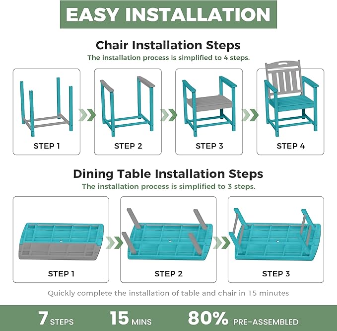 HDPE Outdoor Dining Set, Patio Table and Chairs Set, All-Weather 7-Piece Outside Table and 6 Chairs, 2" Umbrella Hole, Outdoor Furniture for Garden, Poolside, Backyard, Deck | Lake Blue Rootora