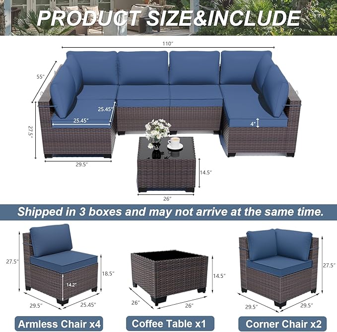 ALAULM Patio Furniture Set with Coffee Table, 7 Pieces Outdoor Sectional with Wide Seat and Thick Cushion, All Weather Wicker Rattan Conversation Set for Backyard, Garden, Deck, NavyBlue ALAULM