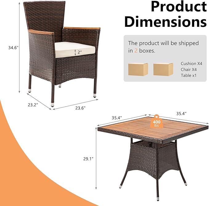 Wisteria Lane Patio Outdoor Table and Chairs Set, Rattan Outdoor Patio Furniture Set with Removable Cushions, Outdoor Patio Dining Sets with Acacia Wood Tabletop for Deck Garden Backyard, Brown WisteriaLane