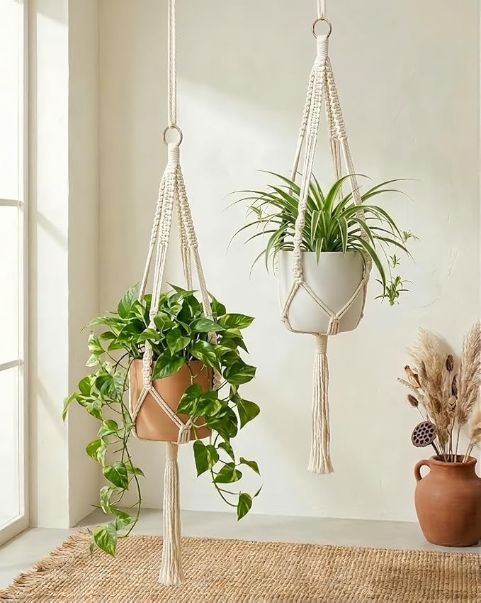 Bamworld Macrame Plant Hanger Indoor Hanging Planter for Plants Hanging Plant Basket Macrame Wall Hanging Planters Boho Decor Home Room Decor Aesthetic 36 Inches Ivory, Set of 2 Bamworld