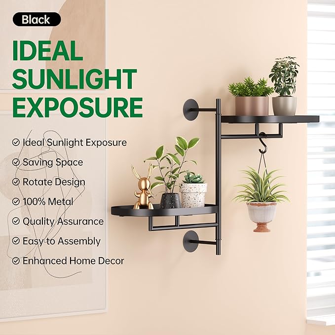 Rotating Window Shelves for Multiple Plants Indoor,2-tier Metal Corner Black Plant Stand Holder Floating Hanger Shelf for Wall，Windows Sill Gifts for Planter Lover to Enhance Home Decor YFFSRJDJ