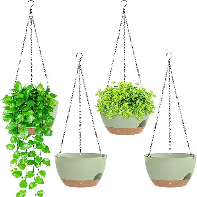 8 Inch Hanging Planters for Indoor Outdoor Plants, 4 Pack Green Brown Plastic Self Watering Hanging Baskets with Drainage Holes and Chain for Garden Porch SQKH