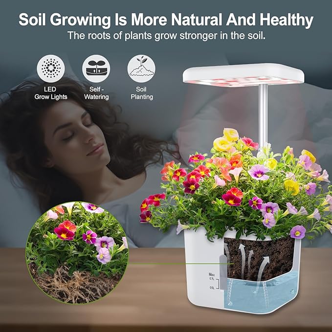 Indoor Garden Planter Growing Systems Soil plant pot indoor Small Smart Soil Gardening System with 17 Watts LED Grow Light Auto Timer Self-Watering Planter Pot Gifts for Mom Women (No Seeds&Soil) Dryades