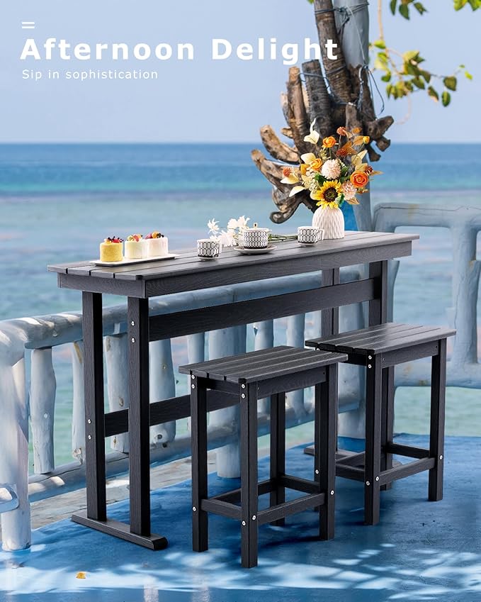 3 Piece HDPE Outdoor Bar Height Table and Chairs Set of 2 Includes High Top Patio Table and Chairs, Outside Patio Bar Set for Bistro,Balcony,Backyard,Poolside (Grey, 3 Piece) Rootora
