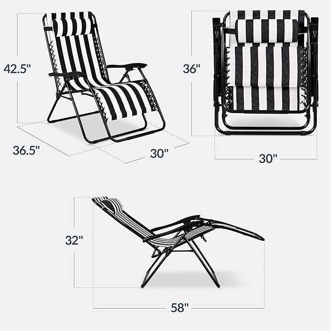 Best Choice Products Set of 2 Extra Wide Adjustable Steel Mesh Zero Gravity Lounge Chair Recliners w/Pillows and Cup Holder Trays - Black Stripes BestChoiceProducts