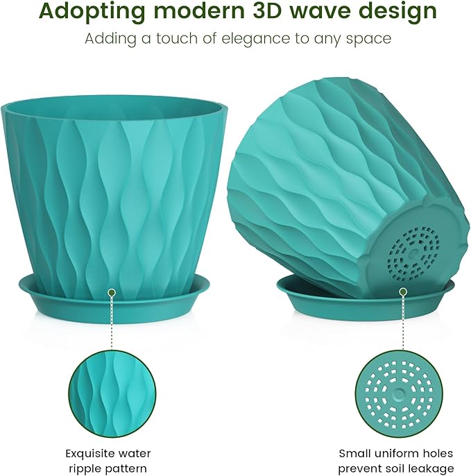 7 inch Plant Pots for Indoor Outdoor Plants, 5 Pack Thick Flower Pots with Drainage Holes and Saucers, 3D Modern Wave Texture Plastic Planter Pots for Nursery and House Plants, Blue Green Meowell