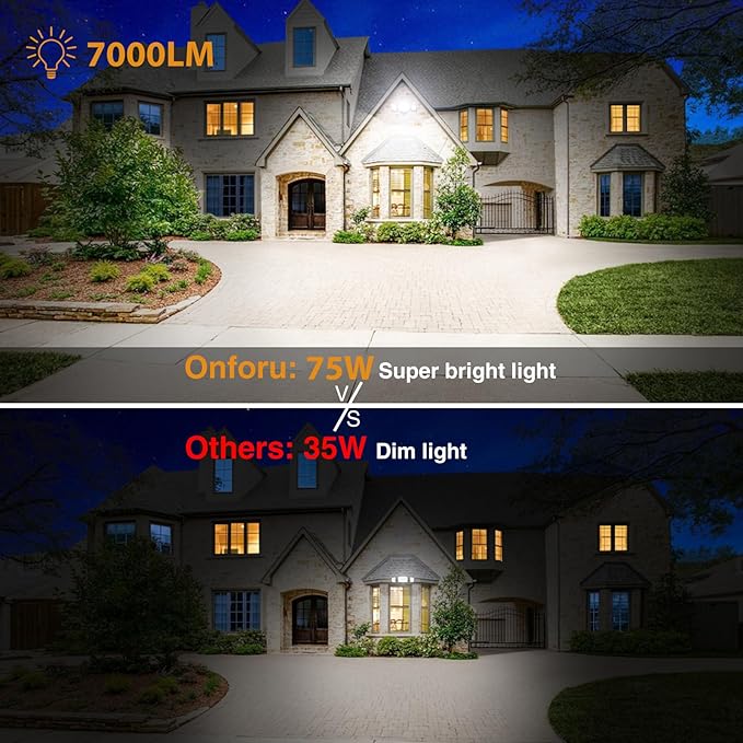 Onforu 2 Pack 75W Flood Lights Outdoor, 7000LM LED Floodlights Switch Controlled, IP65 Waterproof Exterior Lighting Fixture with 3 Adjustable Heads, 6500K Security Light for Eave Garage Yard Onforu