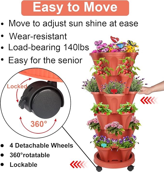 GameXcel Vertical Planter, 6 Tier Stackable Strawberry Planter with Garden Tool Set, Movable Indoor/Outdoor Garden Herb Pot for Growing Vegetables and Succulents, Red GameXcel