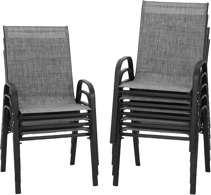 PIZZELLO Patio Chairs Set of 8 - Outdoor Stackable Dining Chairs for All Weather - Lightweight Textilene Outdoor Chair Sets with Armrests - 330Lbs Capacity - for Backyard Garden Porch Poolside (Grey) PIZZELLO