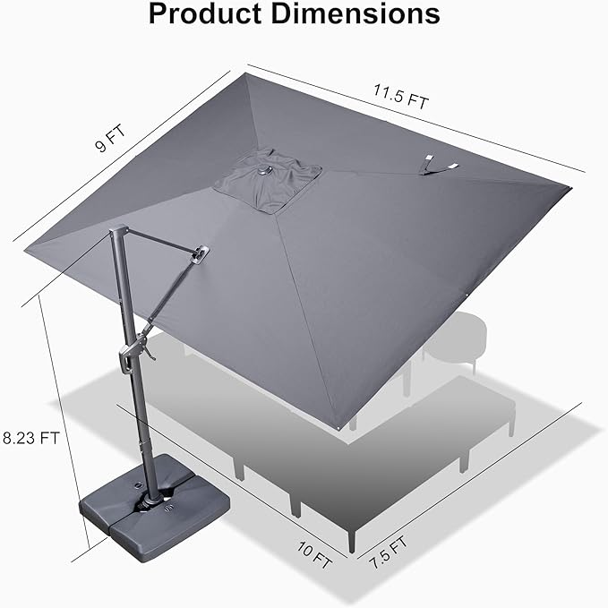 PURPLE LEAF Patio Umbrella 9' X 11.5' Rectangle Cantilever Umbrella Large Aluminum Outdoor Umbrellas with 360-degree Rotation & UPF40+ Premium Fabric for Deck Pool Garden Yard, Graphite Grey Rootora