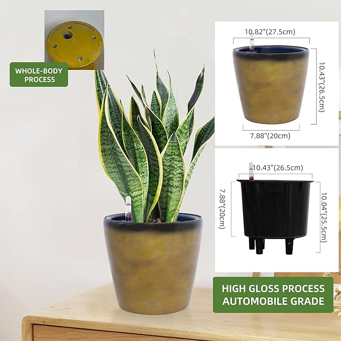 Dexceder 11x10 Inches Self Watering Planter Indoor Outdoor, Inner Pot Design, Thickened Table Flower Plant Pot with Water Level Indicator (Yellow Brown Gradient) Dexceder