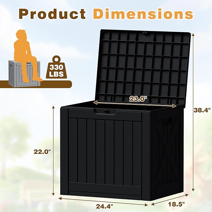 Flamaker Resin Deck Box 40 Gallon Waterproof Outdoor Indoor Storage Box Imitation Wood Resin for Patio Furniture Garden Tools and Pool (Black) Flamaker