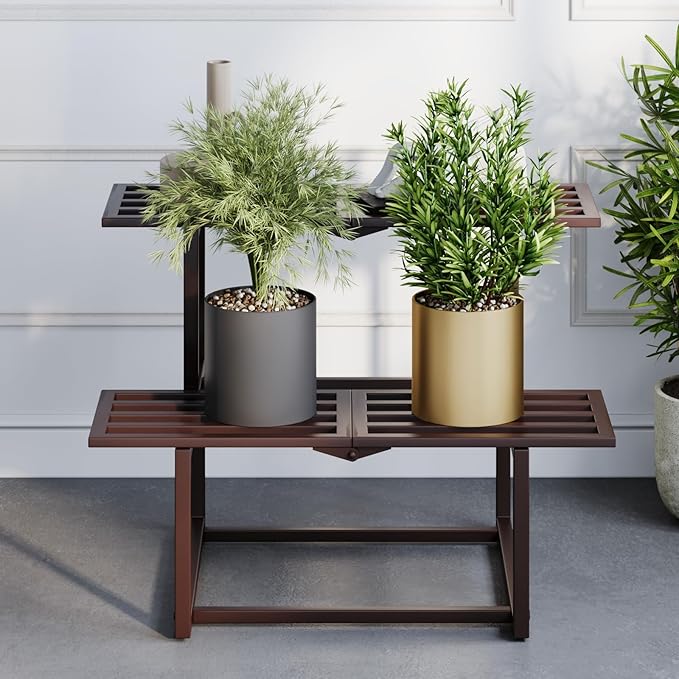 Metal Plant Stand, Foldable Heavy Duty Indoor, Window Iron Plant Shelf - Mid Century Modern Slatted Display for Patio, Garden, Living Room Load Bearing 330 lbs 26" L x 20.2" H x 17.7" W 2 Tier Coffee HomecourtyardsInterio