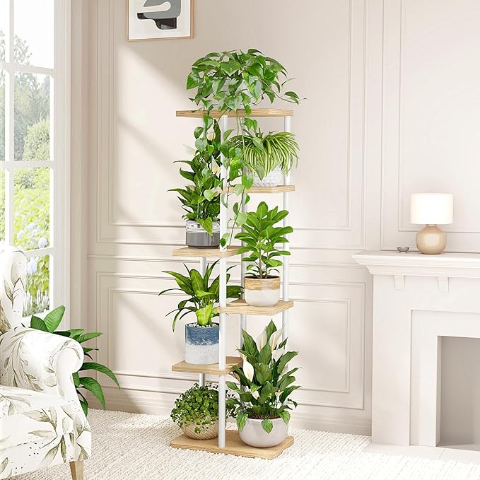Bamworld Tall Plant Stand Indoor 6 Tier Plant Shelf for Multiple Plants, Tiered Flower Pot Stands for Patio Garden Balcony Living Room Bedroom, White Bamworld