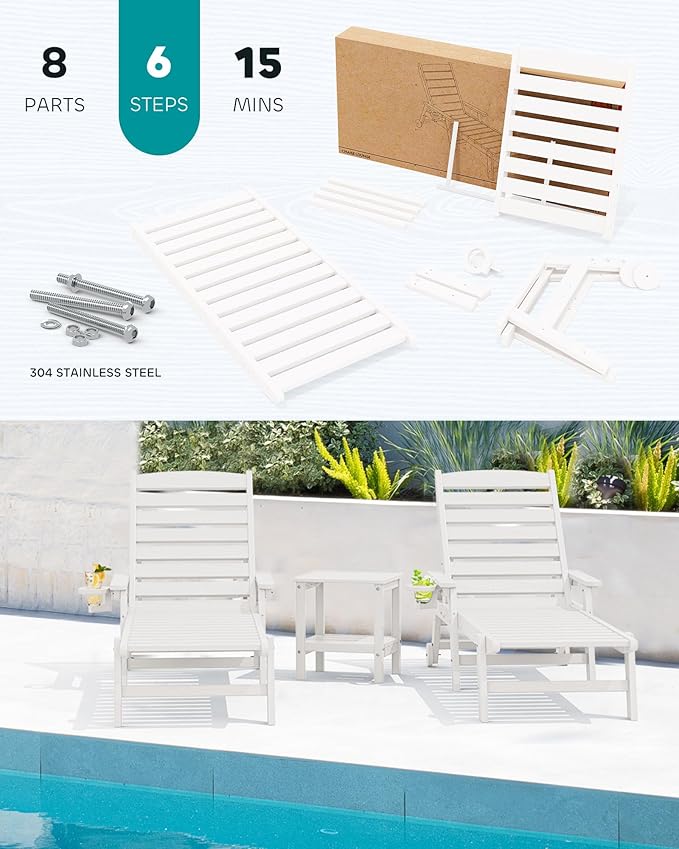 SERWALL Patio Chaise Lounge Chair Set of 2, 78'' Long 5-Positions Adjustable HDPE Outdoor Lounger for Pool, Poly Lounge Chair with Rolling Wheels & Cup Holder for Poolside, Deck, White SERWALL