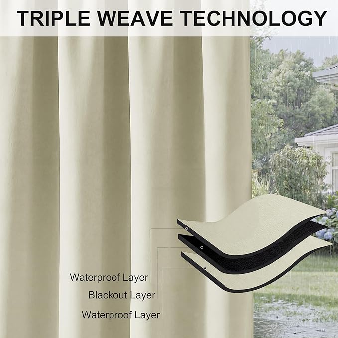 RYB HOME Extra Wide Outdoor Curtains for Patio Waterproof Heavy Duty Thermal Insulated in Summer Full Coverage Privacy for Porch, Cabana & Pool, W120 x L95, Beige, 1 Panel RYBHOME