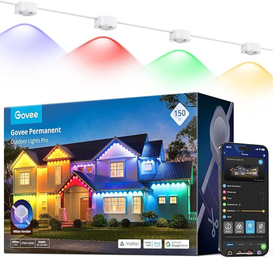 Govee Permanent Outdoor Lights Pro, 150ft with 90 RGBIC LED Lights for Daily and Accent Lighting, 75 Scene Modes for Outdoor Decor, IP67 Waterproof, Works with Alexa, Google Assistant, Matter, White Govee