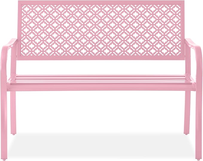 Best Choice Products Outdoor Bench 2-Person Metal Steel Benches Furniture for Garden, Patio, Porch, Entryway w/Geometric Backrest, 790lb Capacity - Pink BestChoiceProducts
