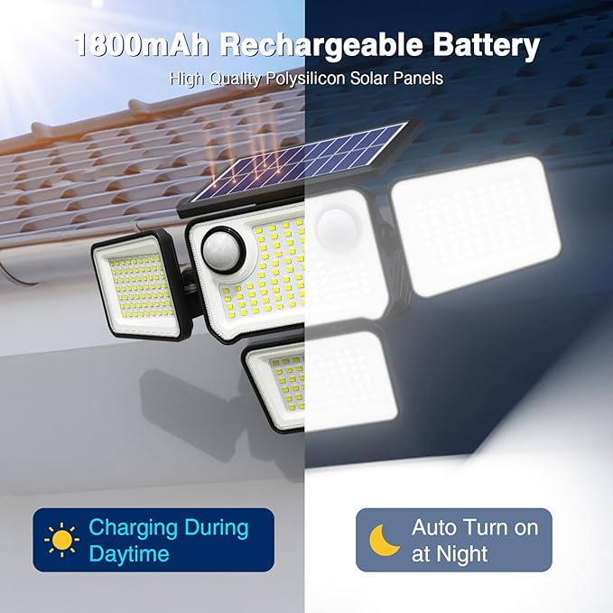 4500LM Solar Lights Outdoor Waterproof, 254 LED Solar Flood Lights Outdoor with 2 Motion Sensor, 4 Heads Security Light with Remote Control for Yard Outside House Garage 4 Pack SZPOWER