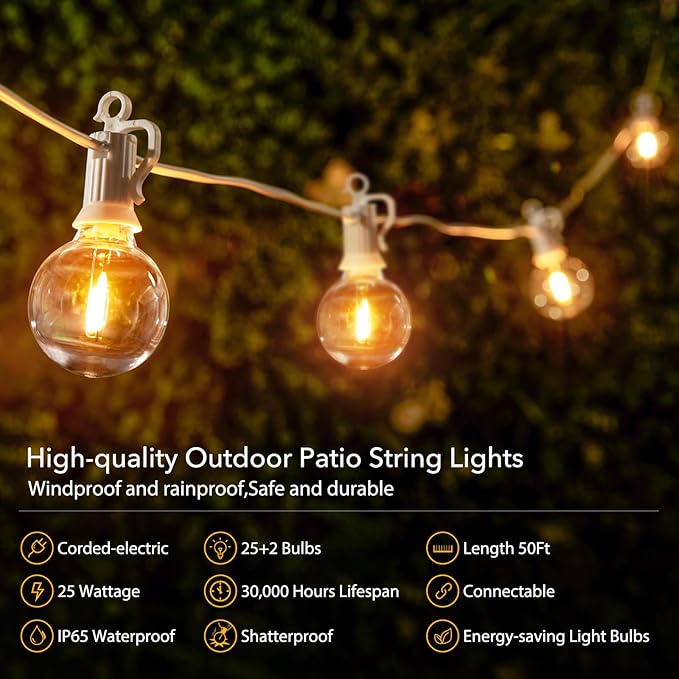 Brightown Outdoor String Lights, 50FT 25 G40 Bulbs Shatterproof Patio Lights, IP65 Waterproof Dimmable Hanging Connectable Globe LED Outdoor Lights for Backyard, Bistro, Porch, Deck, Balcony, White Brightown