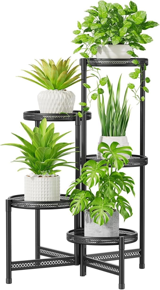 iDavosic.ly 5 Tier Large Plant Stand Indoor with 10-Inch Wide Drainage Tray, Tiered Corner Metal Outdoor Flower Display Holder Shelf, Folding Tall Rack for Patio Porch Balcony, Black Iron Carving iDavosicly