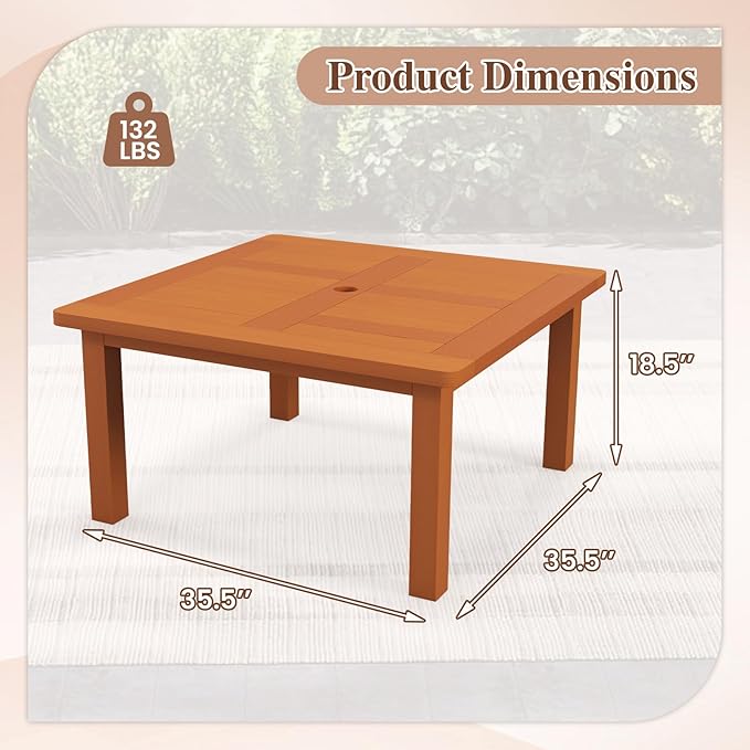 Tangkula Patio Coffee Table with Umbrella Hole, 35.5 Inches Outdoor Solid Square Wood Side Table with Slatted Tabletop & Teak Oil Finish, for Yard, Balcony, Deck TANGKULA