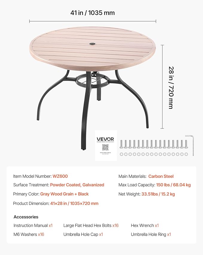 VEVOR Outdoor Patio Dining Table, 41 inch Round Wood-Like Steel Slat Backyard Bistro Coffee Tables for 4, with 1.5 in Umbrella Hole, Outside All-Weather Large Furniture for Lawn Garden Porch VEVOR