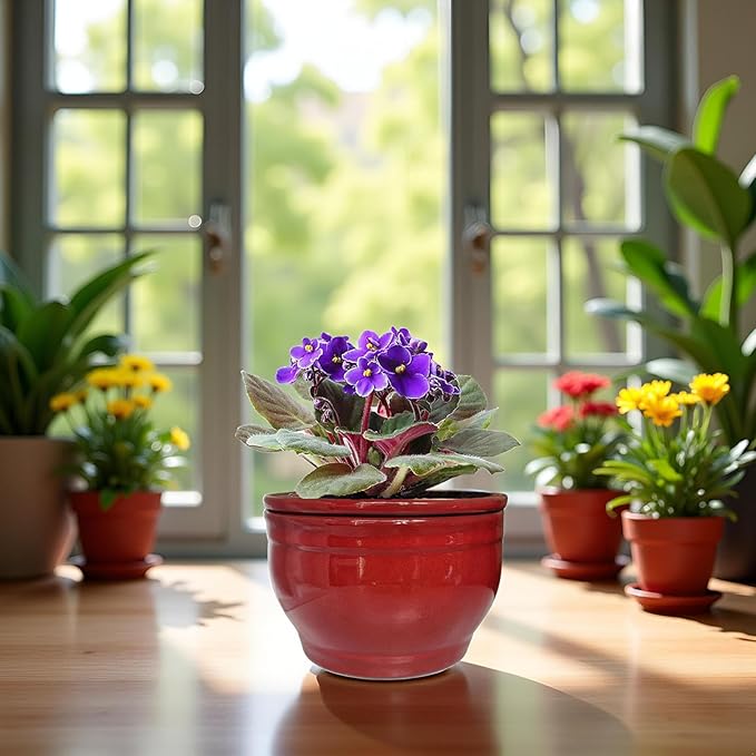 African Violet Pots Self Watering Round Ceramic Violet Pot (red, 6 inch) Dphagesy