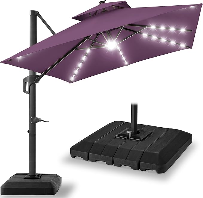 Best Choice Products 10x10ft Cantilever Patio Umbrella w/Base Included, Solar LED Lights 360 Rotation Large Offset Hanging Outdoor Shade for Deck Pool Backyard w/Stand – Amethyst Purple BestChoiceProducts