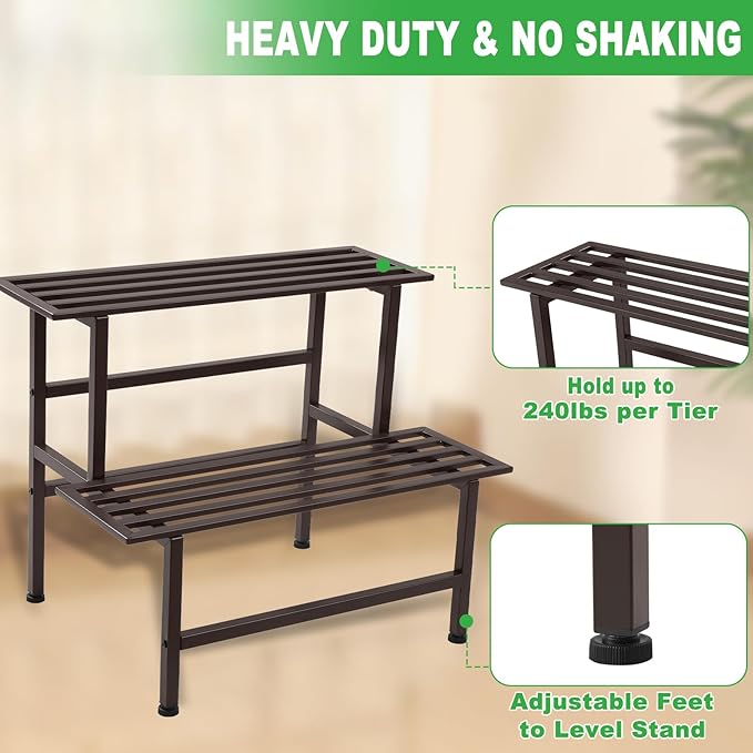Metal Plant Stand Outdoor Plant Shelf Indoor,2 Tier Heavy Duty Ladder Plant Stands for Multiple Plants,26" L x 20.25" H x 17.75" W,Coffee Dipion