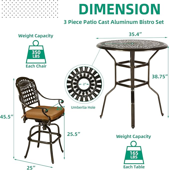 VIVIJASON 3-Piece Patio Swivel Bar Stools Set, All Weather Outdoor Cast Aluminum Bar Height Bistro Set with 2 Cushioned Bar Chairs & 35.4" High Bar Table w/Umbrella Hole for Backyard, Lawn, Garden VIVIJASON