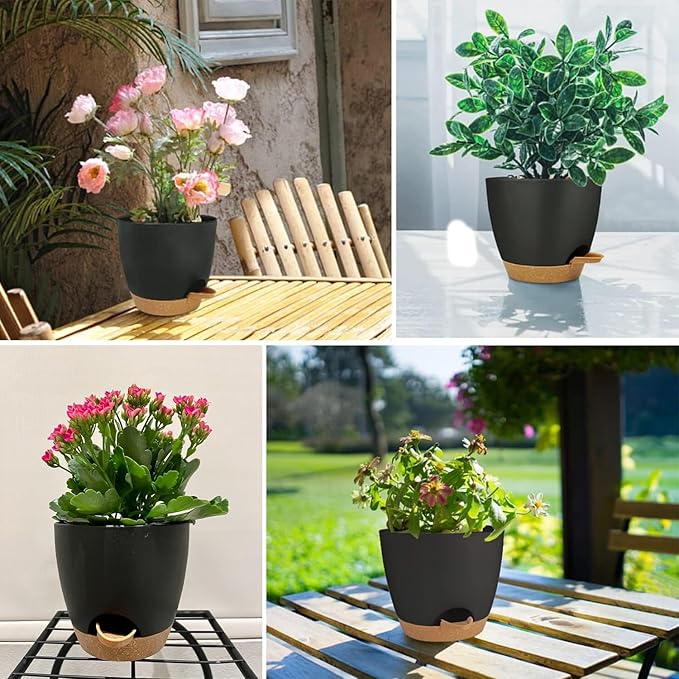 Self Watering Planters with Drainage Holes Reservoir,Nursery Planting Pot for Indoor Decor Garden Plants Succulents,Snake Plant, African Violet,Plastic Flower Pots Set 7+6.5+6+5.5+5 Inch (Black) STSTECH