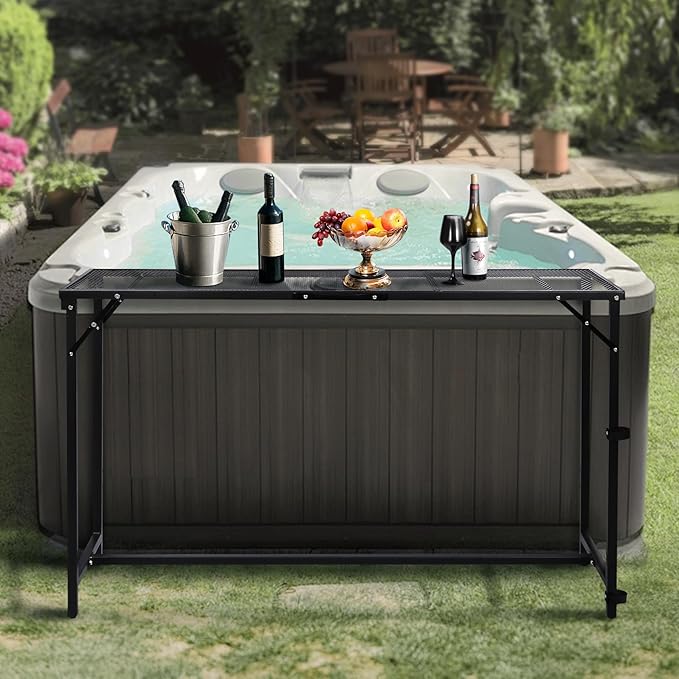 REDCAMP 55 Inch Outdoor Bar Table, Folding Paito Bar Height Hot Tub Table with Waterproof Mesh Top for Balcony, Garden, Poolside, Indoor, Rectangle Black REDCAMP