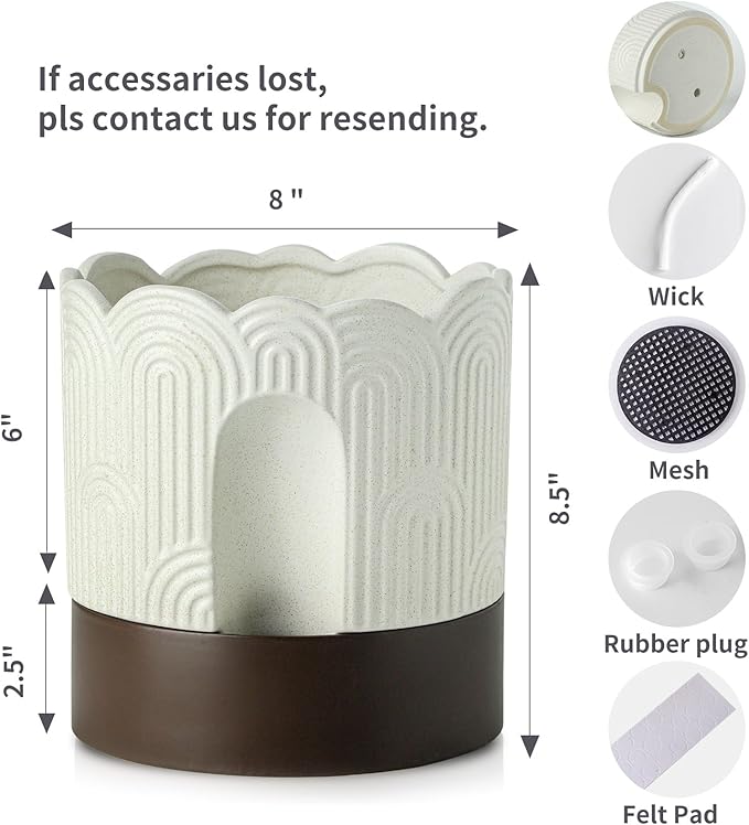 Nihow Self Watering Plant Pot: 8 Inch Ceramic Planter with Drainage Hole & Water Storage Plus - Relief Design Self Watering Pot for Indoor Plants - Beige & Brown Flower Pot Nihow