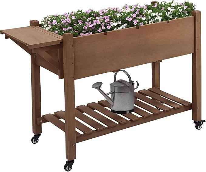Outsunny Raised Garden Bed with 8 Grow Grids, Wooden Outdoor Plant Box Stand with Folding Side Table and Wheels, 49" x 21" x 34", for Vegetables, Flowers, Herbs, Brown Outsunny