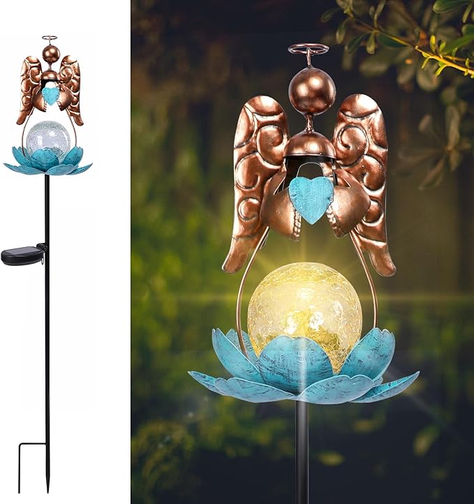 Solar Garden Lights Metal Flower Decor Colorful Solar Pathway Light with LED Cracked Crystal Ball Outdoor Decorative Stake for Patio Yard Lawn Garden Decor (Angel) VCUTEKA
