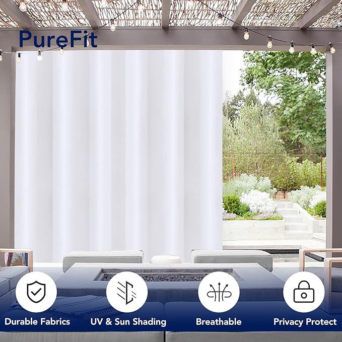 PureFit Outdoor Curtains for Patio Waterproof Weatherproof, UV Resistant Outside Curtains for Gazebo, Front Porch, Pergola, Sun Blocking Privacy Curtain, 100W x 120L inch, 1 Panel, White PureFit