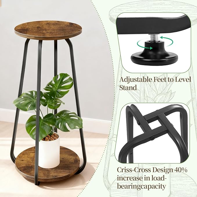 Plant Stand Indoor, 2 Tier Plant Shelf Pedestal Stand Flower Stand, Metal Wood Plant Stands for Indoor Plants Living Room Balcony Deck Garden OugeWood