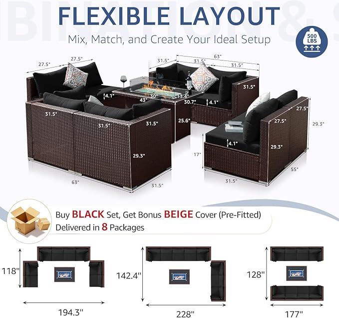 NICESOUL Large Size Patio Furniture Set with Fire Pit Natural Gas/Propane, 29.3'' High Backrest Luxurious Outdoor Modular Sofa Set, 9 Piece Heavy Duty Conversations, Brown Rattan and Black Cushion NICESOUL