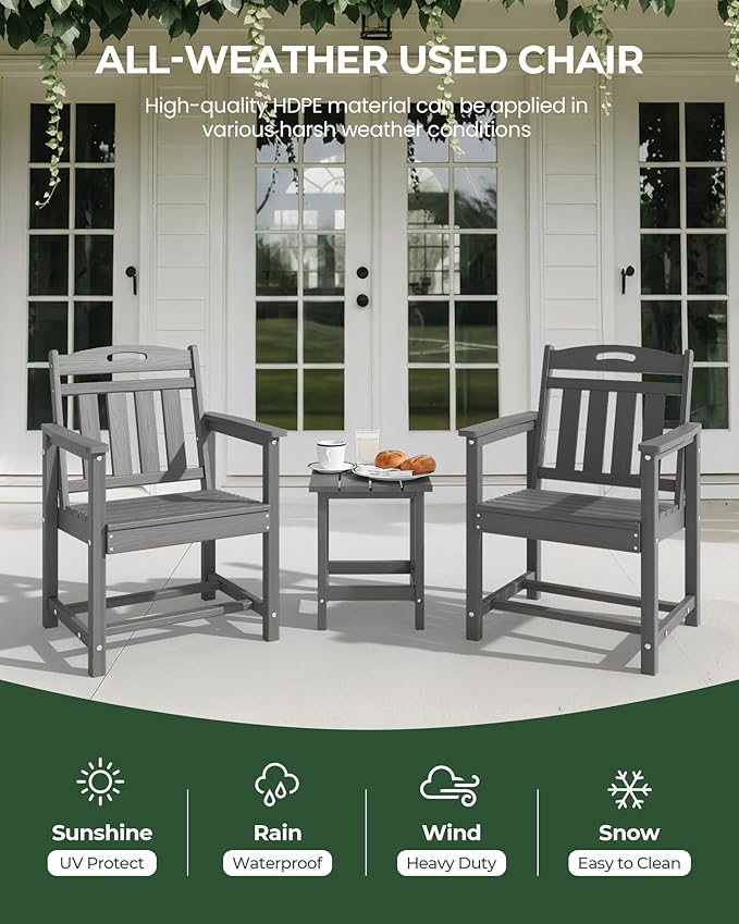 Patio Chairs Set of 2, HDPE Outdoor Dining Chairs with Wide Seat, All Weather Oversized Porch Chair for Garden, Backyard, Deck - Grey Suunyn